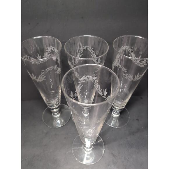 Chintz Etched Pilsner Glasses Set of 4, 10 oz Footed Glasses, Glassware, Flaw - Picture 6 of 11
